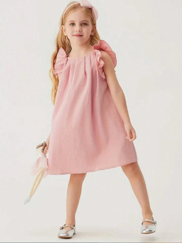 Young Girl' Summer Casual Solid Color Ruffled Sleeve Dress, Girls Clothing