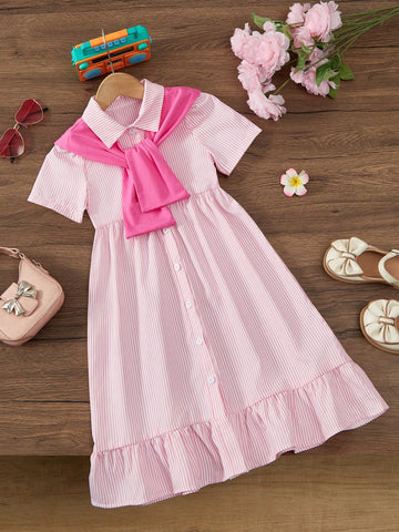 Young Girl Summer Casual Striped Ruffle Hem Dress