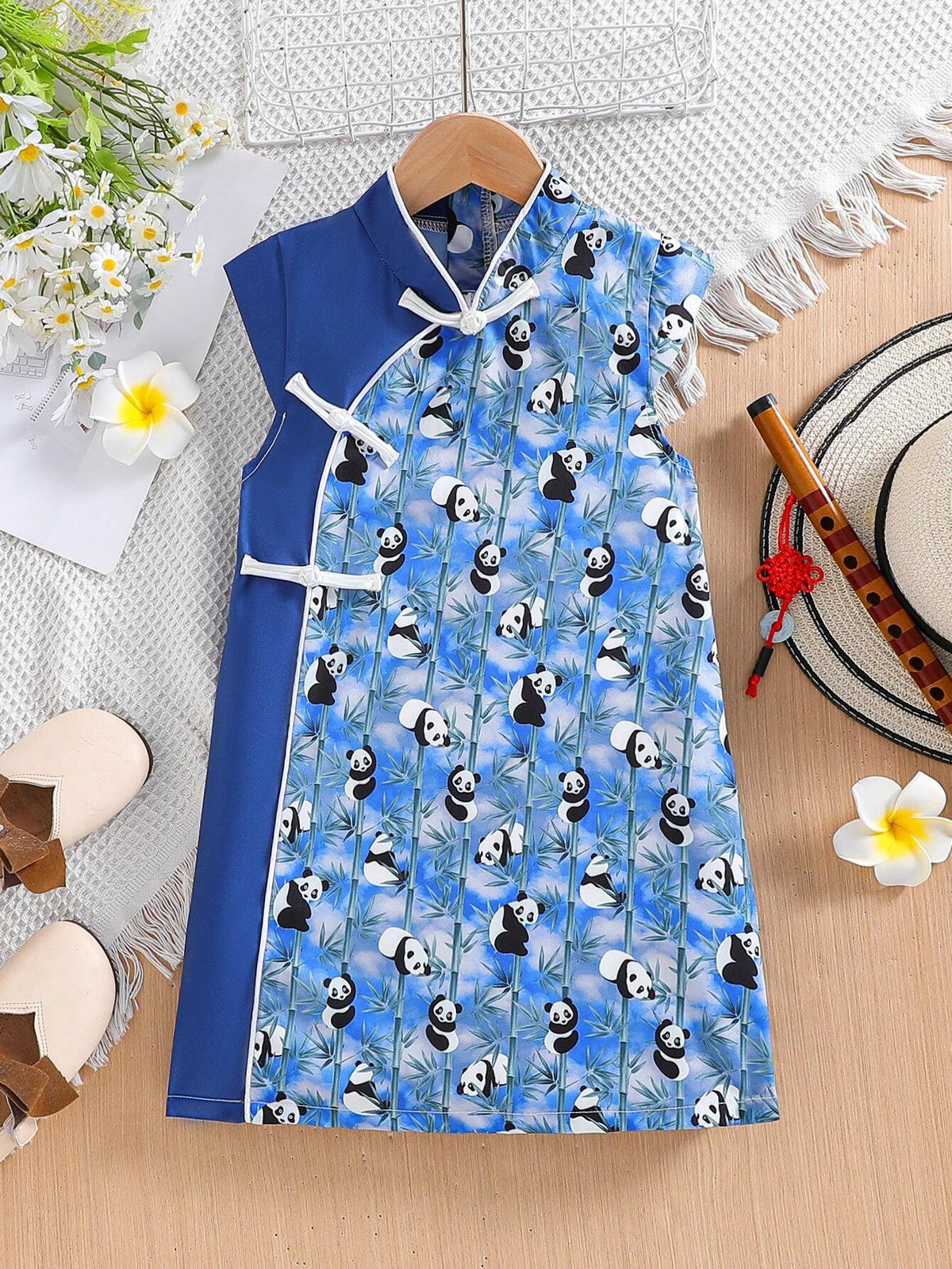 Young Girl Summer Chinese Style Stand Collar Buttoned Short Sleeve Dress With Panda Print