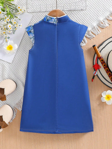 Young Girl Summer Chinese Style Stand Collar Buttoned Short Sleeve Dress With Panda Print
