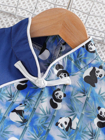 Young Girl Summer Chinese Style Stand Collar Buttoned Short Sleeve Dress With Panda Print