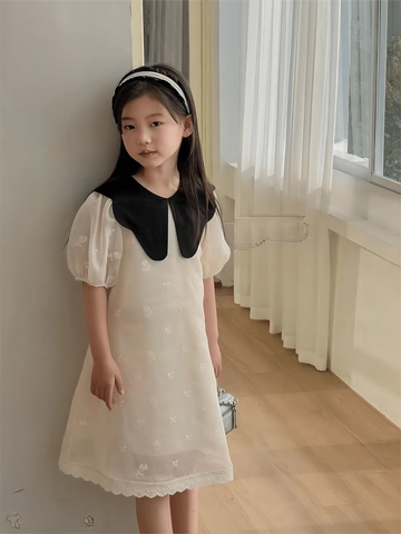 Young Girl Summer Color-Blocked Peter Pan Collar Short Puff Sleeve Cute Dress
