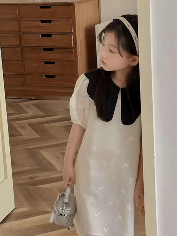 Young Girl Summer Color-Blocked Peter Pan Collar Short Puff Sleeve Cute Dress