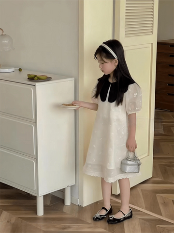 Young Girl Summer Color-Blocked Peter Pan Collar Short Puff Sleeve Cute Dress