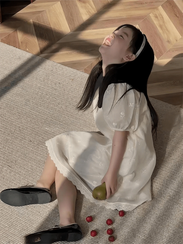 Young Girl Summer Color-Blocked Peter Pan Collar Short Puff Sleeve Cute Dress