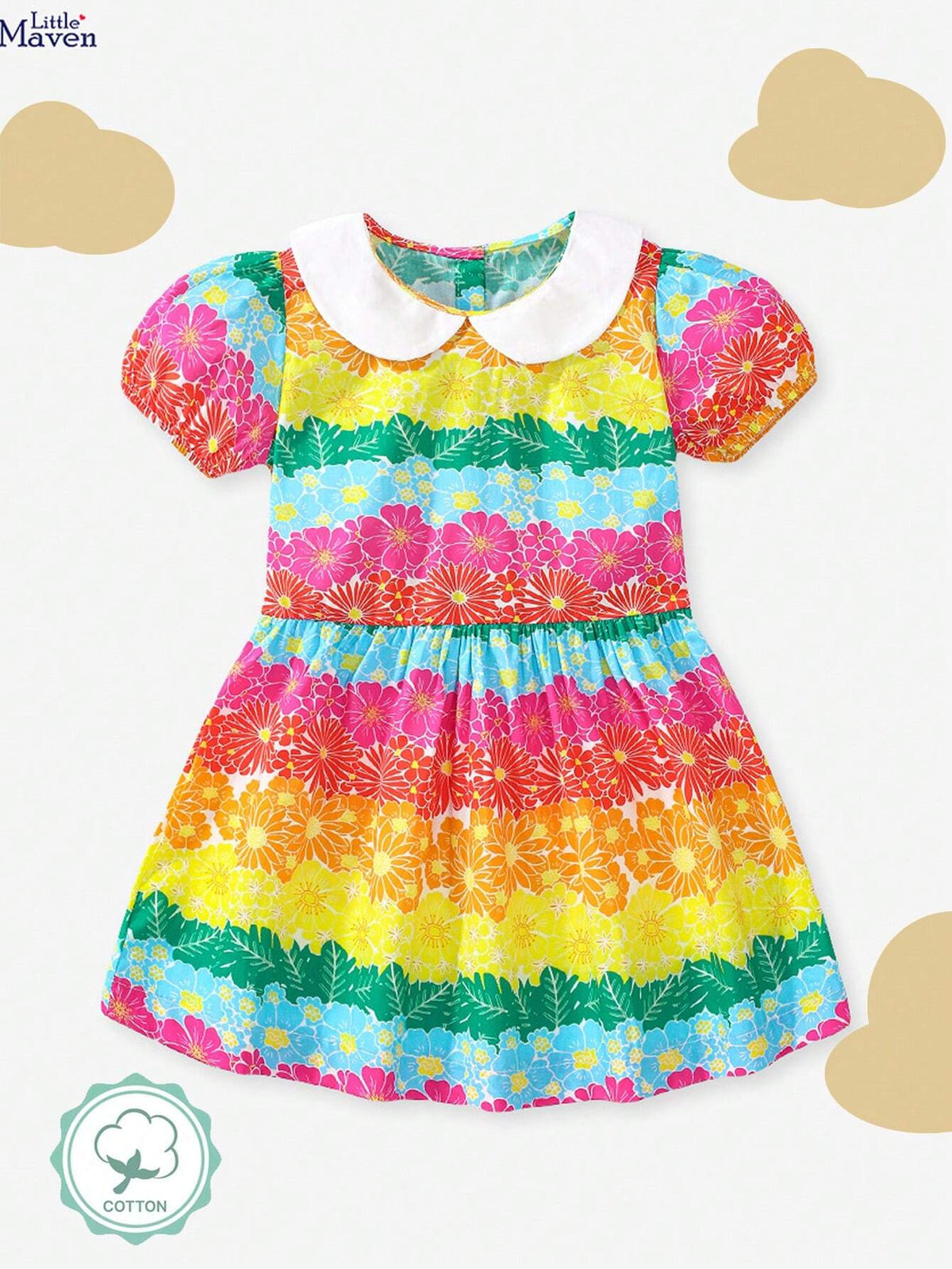 Young Girl Summer Contrast Color Floral Print Turn Down Collar Bubble Sleeve Dress