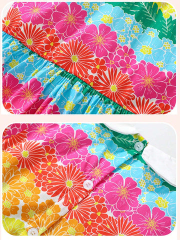 Young Girl Summer Contrast Color Floral Print Turn Down Collar Bubble Sleeve Dress