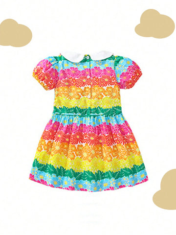 Young Girl Summer Contrast Color Floral Print Turn Down Collar Bubble Sleeve Dress