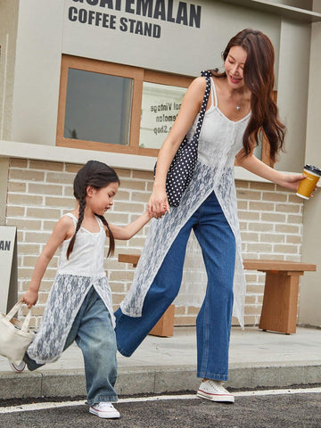 Young Girl Summer Contrast Lace Long Casual Cami Dress With Slit Hem