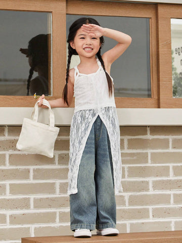 Young Girl Summer Contrast Lace Long Casual Cami Dress With Slit Hem