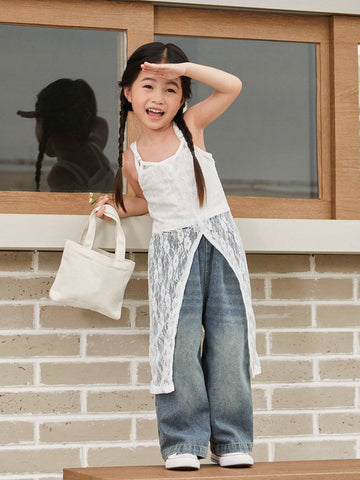 Young Girl Summer Contrast Lace Long Casual Cami Dress With Slit Hem