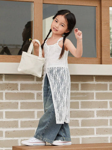Young Girl Summer Contrast Lace Long Casual Cami Dress With Slit Hem