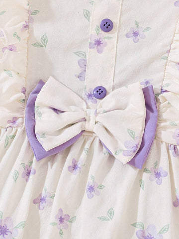Young Girl Summer Ditsy Floral Patchwork Ruffle Short Puff Sleeve Dress With Bow Decoration, Cute