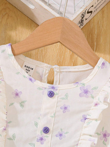 Young Girl Summer Ditsy Floral Patchwork Ruffle Short Puff Sleeve Dress With Bow Decoration, Cute