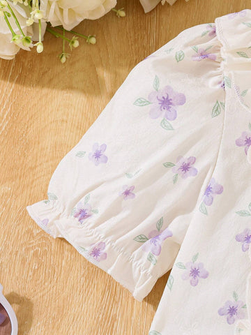 Young Girl Summer Ditsy Floral Patchwork Ruffle Short Puff Sleeve Dress With Bow Decoration, Cute