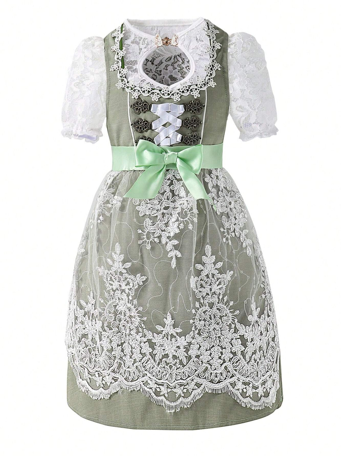 Young Girl Summer Elegant Colorblock Lace Puff Sleeve Dress