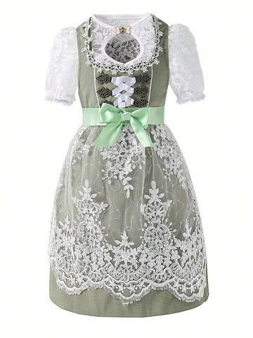 Young Girl Summer Elegant Colorblock Lace Puff Sleeve Dress