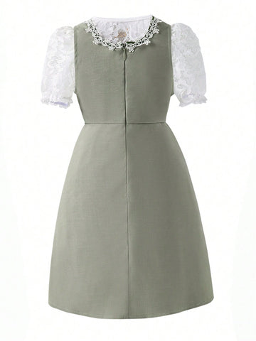 Young Girl Summer Elegant Colorblock Lace Puff Sleeve Dress