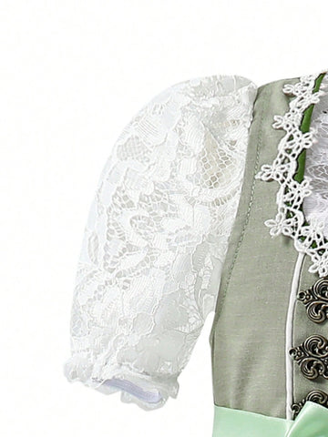 Young Girl Summer Elegant Colorblock Lace Puff Sleeve Dress