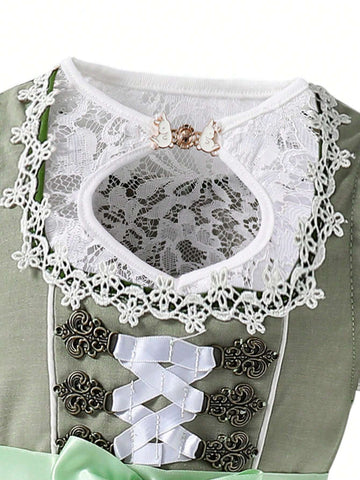 Young Girl Summer Elegant Colorblock Lace Puff Sleeve Dress