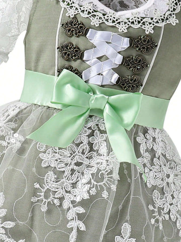 Young Girl Summer Elegant Colorblock Lace Puff Sleeve Dress