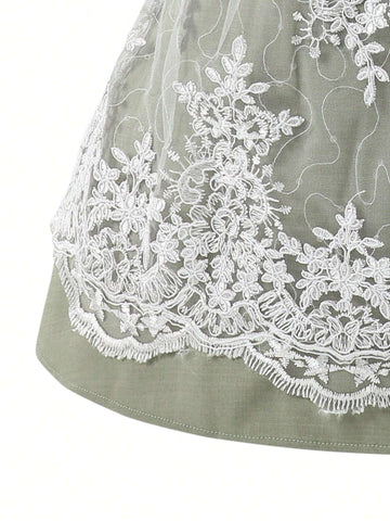 Young Girl Summer Elegant Colorblock Lace Puff Sleeve Dress