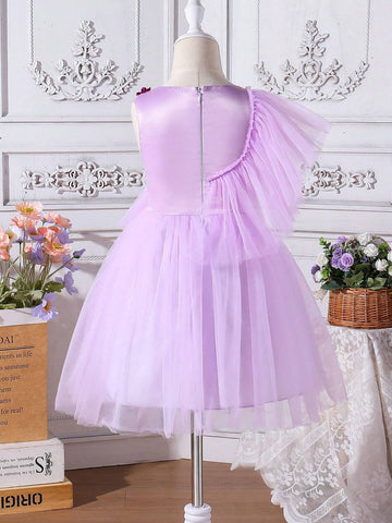 Young Girl Summer Elegant Dress With 3D Floral Decor, Mesh Paneling And Ruffle Hem On The Neckline