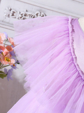 Young Girl Summer Elegant Dress With 3D Floral Decor, Mesh Paneling And Ruffle Hem On The Neckline