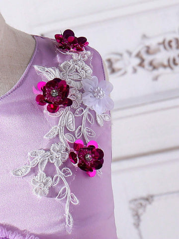 Young Girl Summer Elegant Dress With 3D Floral Decor, Mesh Paneling And Ruffle Hem On The Neckline