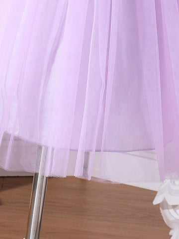 Young Girl Summer Elegant Dress With 3D Floral Decor, Mesh Paneling And Ruffle Hem On The Neckline