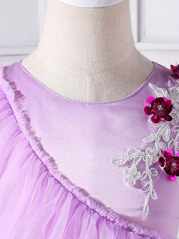 Young Girl Summer Elegant Dress With 3D Floral Decor, Mesh Paneling And Ruffle Hem On The Neckline