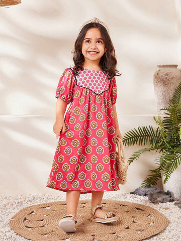 Young Girl Summer Elegant Puff Sleeve Casual Allover Print Dress