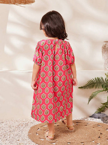 Young Girl Summer Elegant Puff Sleeve Casual Allover Print Dress