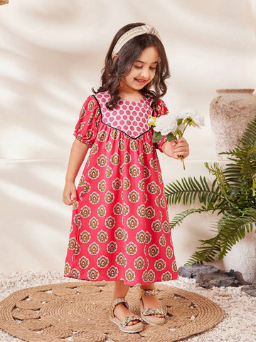 Young Girl Summer Elegant Puff Sleeve Casual Allover Print Dress