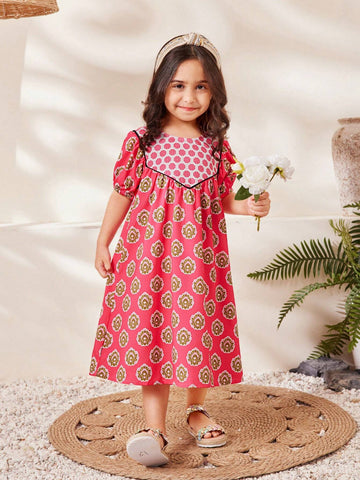 Young Girl Summer Elegant Puff Sleeve Casual Allover Print Dress