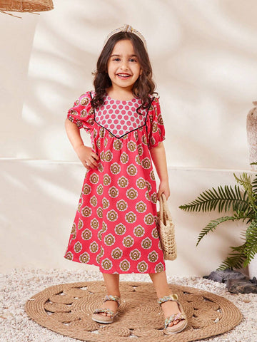 Young Girl Summer Elegant Puff Sleeve Casual Allover Print Dress