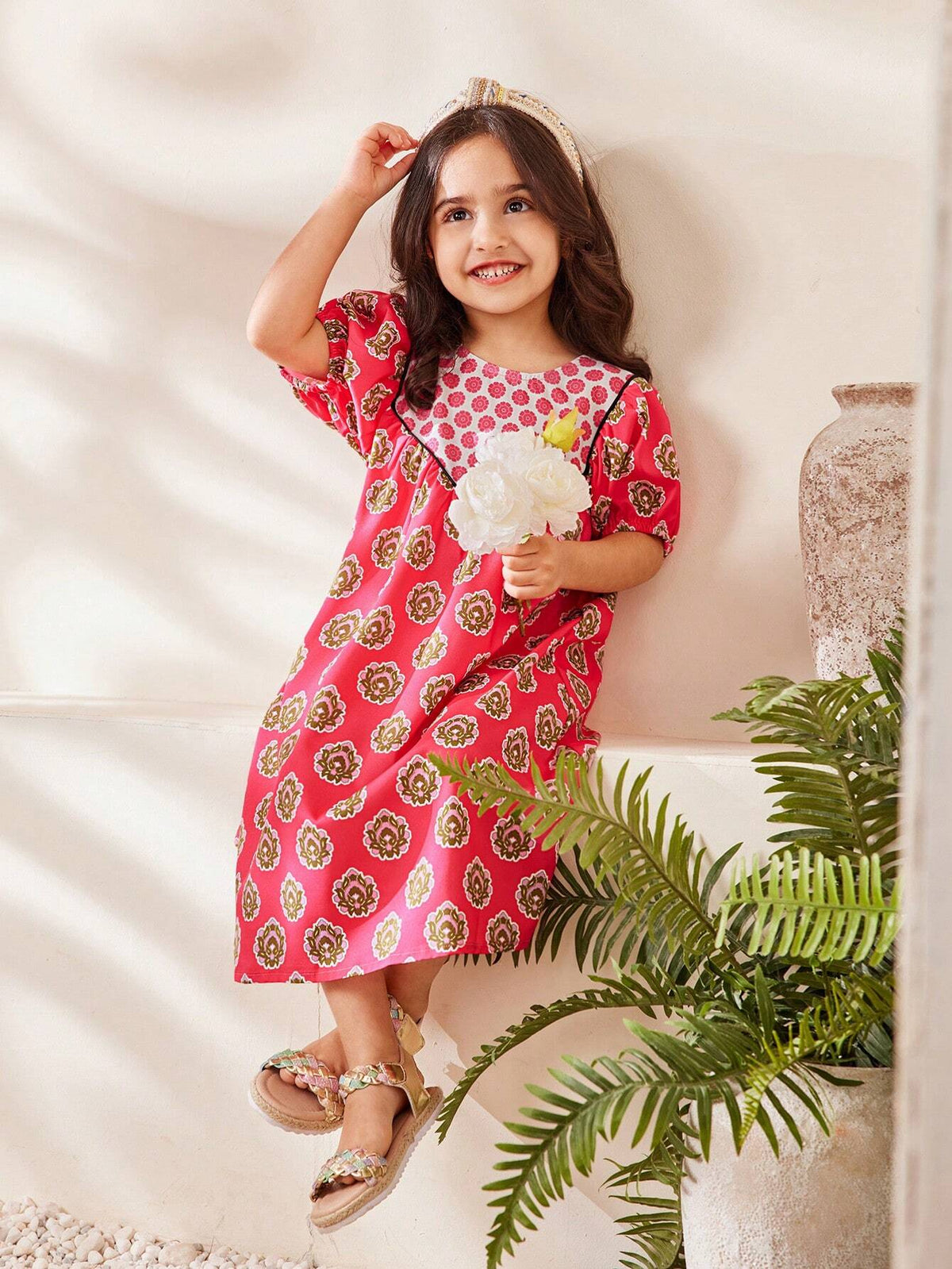 Young Girl Summer Elegant Puff Sleeve Casual Allover Print Dress