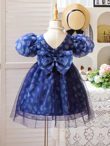 Young Girl Summer Elegant Puff Sleeve Dress With Ditsy Floral And Mesh Patchwork