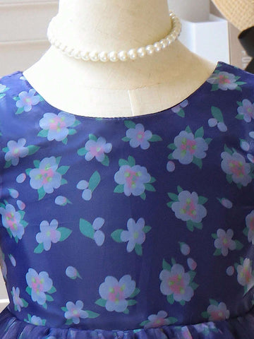 Young Girl Summer Elegant Puff Sleeve Dress With Ditsy Floral And Mesh Patchwork