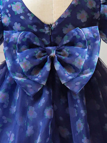 Young Girl Summer Elegant Puff Sleeve Dress With Ditsy Floral And Mesh Patchwork