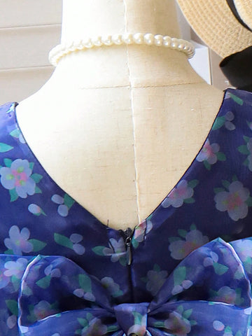 Young Girl Summer Elegant Puff Sleeve Dress With Ditsy Floral And Mesh Patchwork