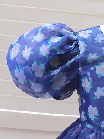 Young Girl Summer Elegant Puff Sleeve Dress With Ditsy Floral And Mesh Patchwork