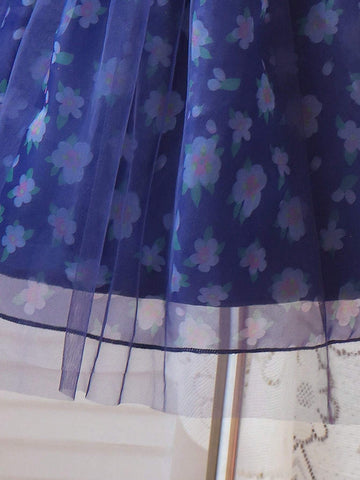 Young Girl Summer Elegant Puff Sleeve Dress With Ditsy Floral And Mesh Patchwork