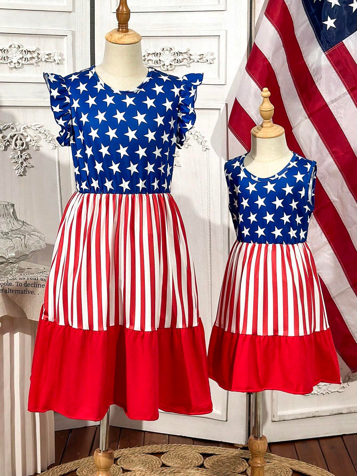 Young Girl Summer Fashion American Flag Printed Sleeveless Dress