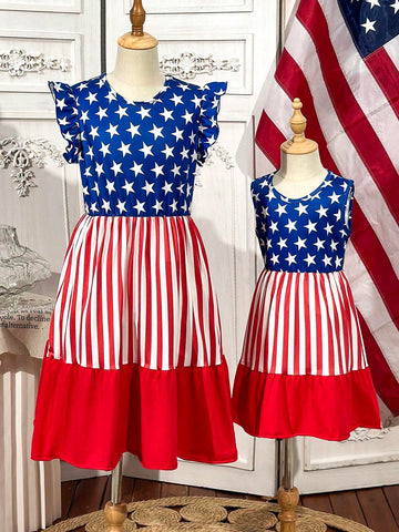Young Girl Summer Fashion American Flag Printed Sleeveless Dress