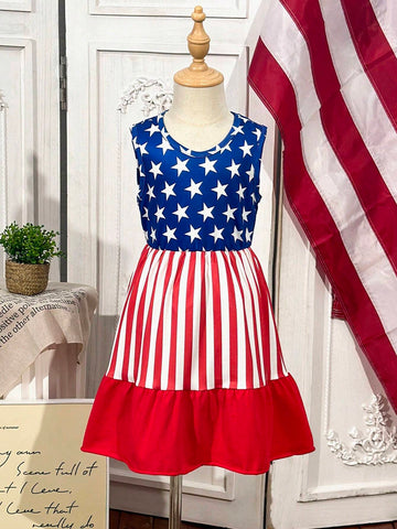 Young Girl Summer Fashion American Flag Printed Sleeveless Dress