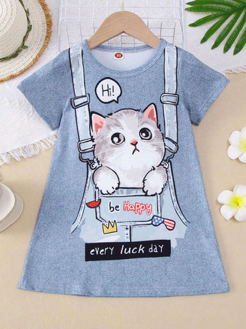 Young Girl Summer Fashion Denim Printed Dress, Cute Cat & Letter Print 'Be Happy Every Lucky Day' Short Sleeve T-Shirt Dress, Princess Dress