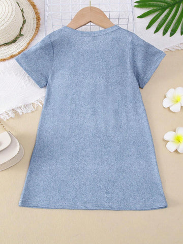 Young Girl Summer Fashion Denim Printed Dress, Cute Cat & Letter Print 'Be Happy Every Lucky Day' Short Sleeve T-Shirt Dress, Princess Dress