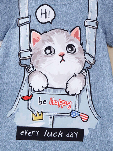 Young Girl Summer Fashion Denim Printed Dress, Cute Cat & Letter Print 'Be Happy Every Lucky Day' Short Sleeve T-Shirt Dress, Princess Dress