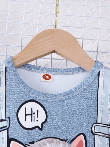 Young Girl Summer Fashion Denim Printed Dress, Cute Cat & Letter Print 'Be Happy Every Lucky Day' Short Sleeve T-Shirt Dress, Princess Dress